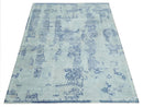 Fine Antique Design Silver, Light Teal and Blue transitional Hand Knotted 8x10 wool and Art Silk area Rug