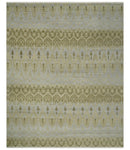 Fine Green 8x10 Hand Knotted Beige, Olive and Silver Traditional Wool Rug