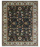 Fine Hand Knotted Black and Ivory 8x10 Traditional Wool Area Rug