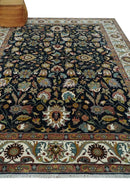 Fine Hand Knotted Black and Ivory 8x10 Traditional Wool Area Rug