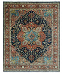 Fine Hand Knotted Rust and Blue Traditional Heriz Medallion 8x10 wool area rug by The Rug Decor