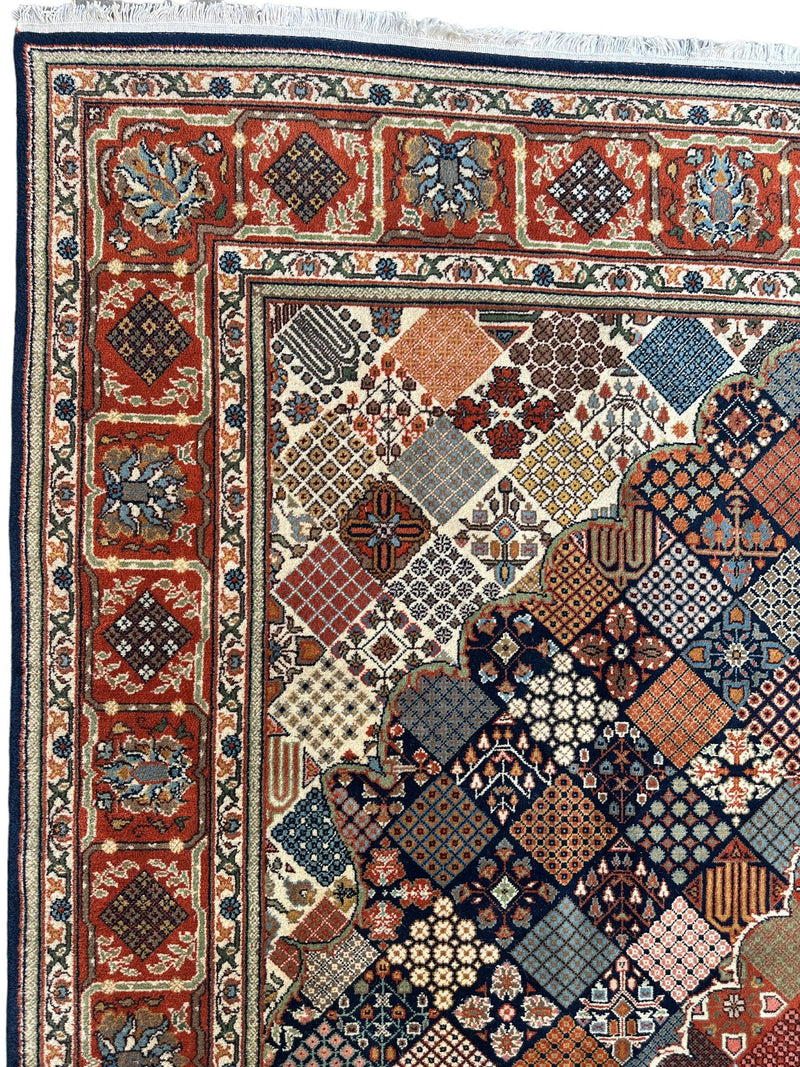 Hand-Knotted Indo-Joshegan Wool Rug – 12'2" x 9'1" – Geometric Medallion Design, Rich Warm Palette