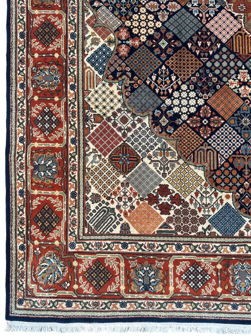 Hand-Knotted Indo-Joshegan Wool Rug – 12'2" x 9'1" – Geometric Medallion Design, Rich Warm Palette