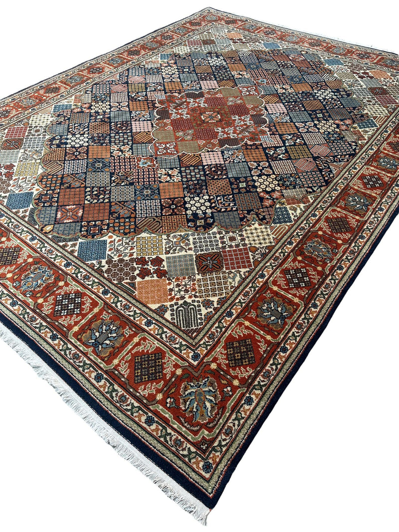 Hand-Knotted Indo-Joshegan Wool Rug – 12'2" x 9'1" – Geometric Medallion Design, Rich Warm Palette