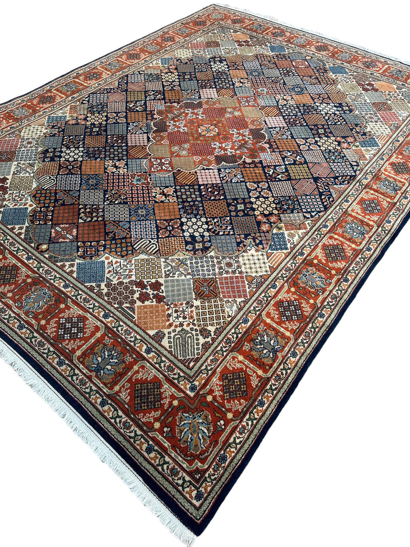 Hand-Knotted Indo-Joshegan Wool Rug – 12'2" x 9'1" – Geometric Medallion Design, Rich Warm Palette