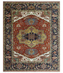 Fine Olive, Brown and Blue Traditional Floral Hand knotted look 8x10 wool Area Rug