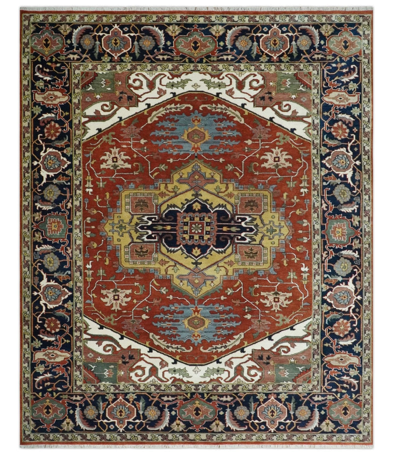 Fine Olive, Brown and Blue Traditional Floral Hand knotted look 8x10 wool Area Rug