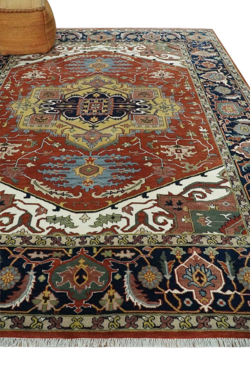 Fine Olive, Brown and Blue Traditional Floral Hand knotted look 8x10 wool Area Rug