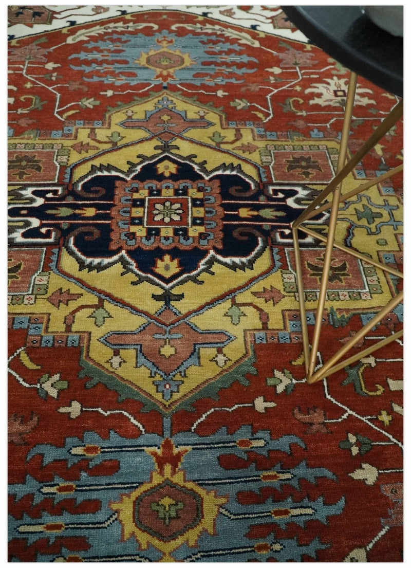Fine Olive, Brown and Blue Traditional Floral Hand knotted look 8x10 wool Area Rug