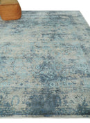 Fine Real Silk 8x10 Hand Knotted Aqua, Camel and Charcoal Antique Traditional Rug