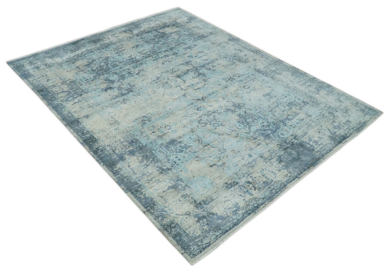Fine Real Silk 8x10 Hand Knotted Aqua, Camel and Charcoal Antique Traditional Rug