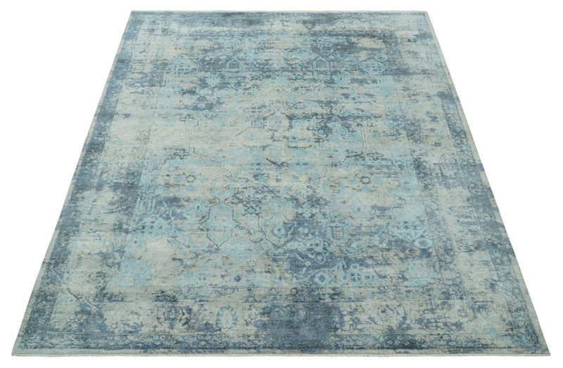 Fine Real Silk 8x10 Hand Knotted Aqua, Camel and Charcoal Antique Traditional Rug