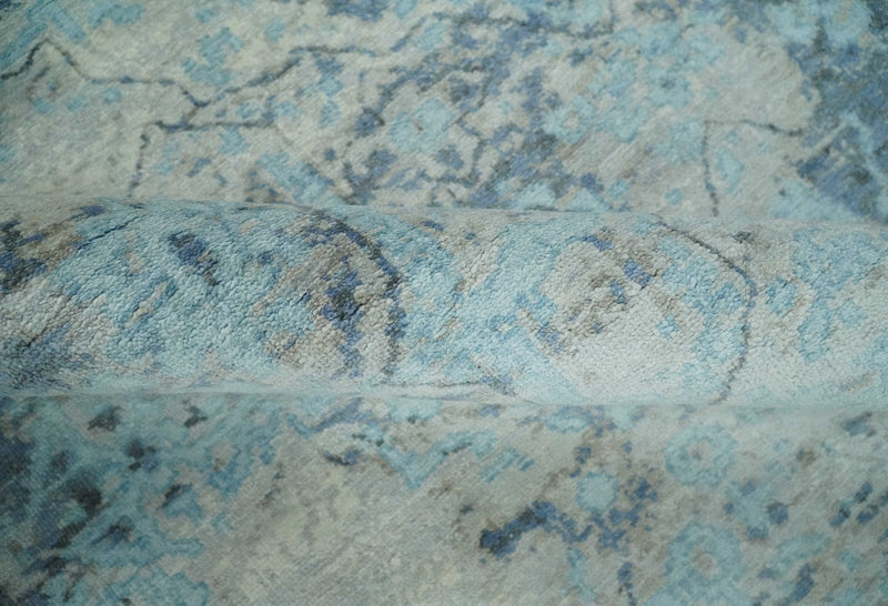 Fine Real Silk 8x10 Hand Knotted Aqua, Camel and Charcoal Antique Traditional Rug