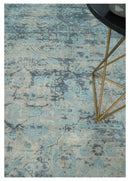 Fine Real Silk 8x10 Hand Knotted Aqua, Camel and Charcoal Antique Traditional Rug