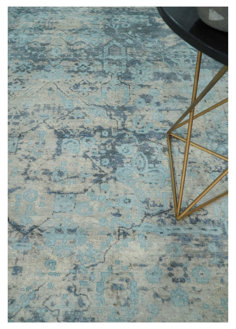Fine Real Silk 8x10 Hand Knotted Aqua, Camel and Charcoal Antique Traditional Rug