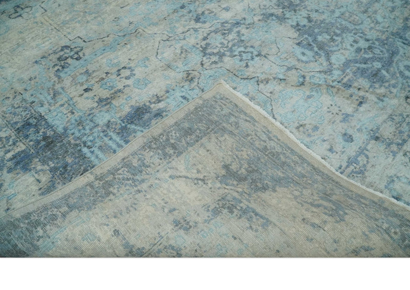 Fine Real Silk 8x10 Hand Knotted Aqua, Camel and Charcoal Antique Traditional Rug