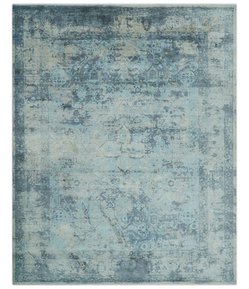 Fine Real Silk 8x10 Hand Knotted Aqua, Camel and Charcoal Antique Traditional Rug
