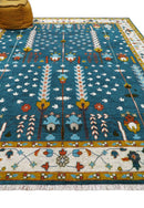 Fine Teal And Ivory Traditional Tree of life Hand Knotted Wool Rug