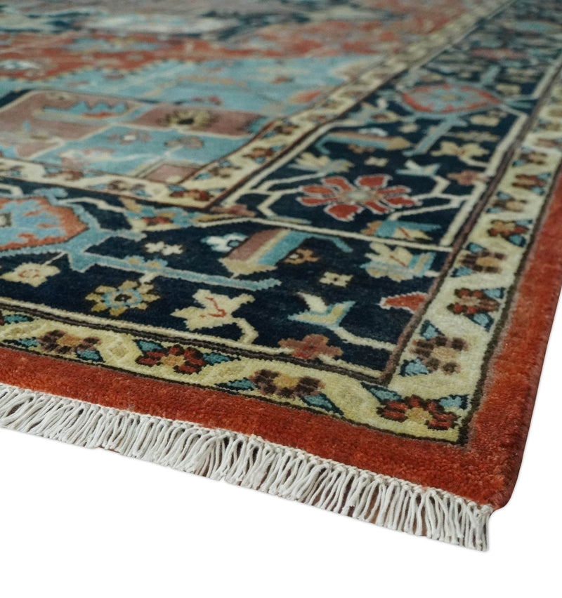 Fine Traditional Floral Hand knotted Brown, Aqua and Black 8x10 wool Area Rug