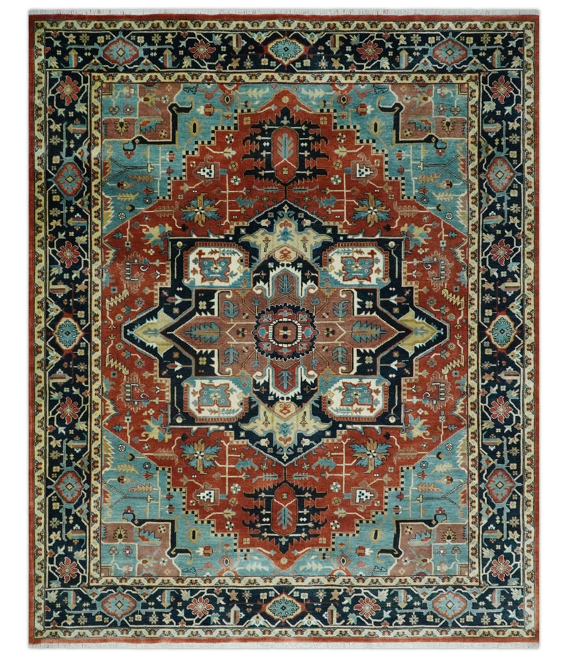 Fine Traditional Floral Hand knotted Brown, Aqua and Black 8x10 wool Area Rug