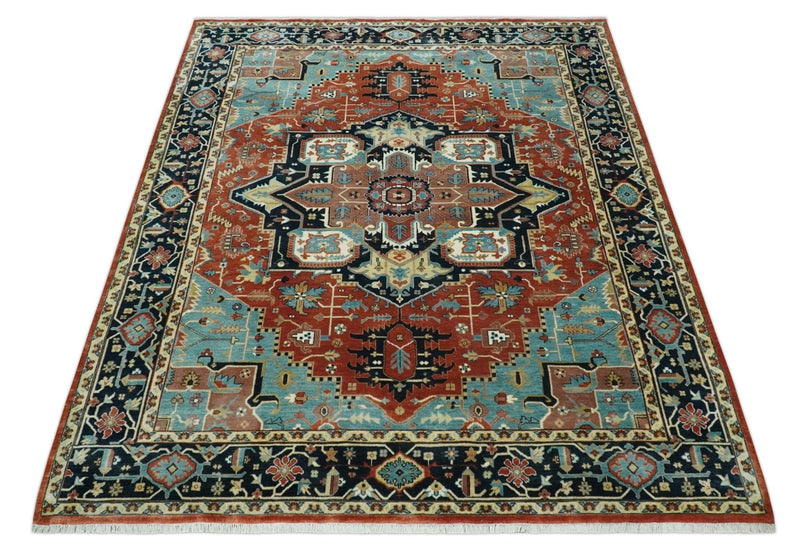 Fine Traditional Floral Hand knotted Brown, Aqua and Black 8x10 wool Area Rug