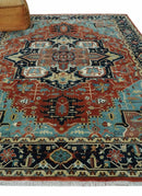 Fine Traditional Floral Hand knotted Brown, Aqua and Black 8x10 wool Area Rug