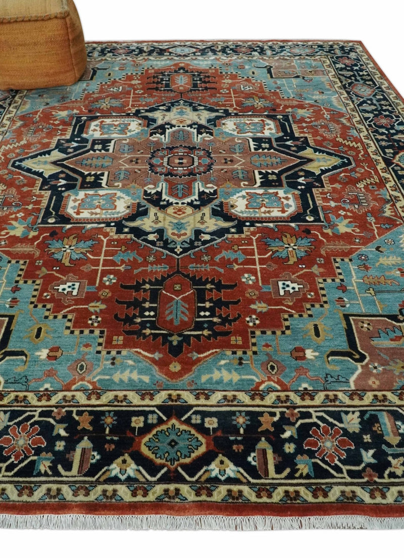 Fine Traditional Floral Hand knotted Brown, Aqua and Black 8x10 wool Area Rug