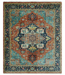 Fine Traditional Floral Hand knotted Brown, Aqua and Black 8x10 wool Area Rug