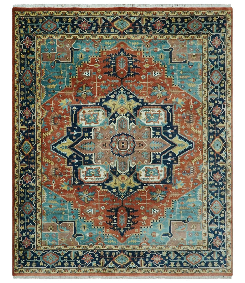 Fine Traditional Floral Hand knotted Brown, Aqua and Black 8x10 wool Area Rug