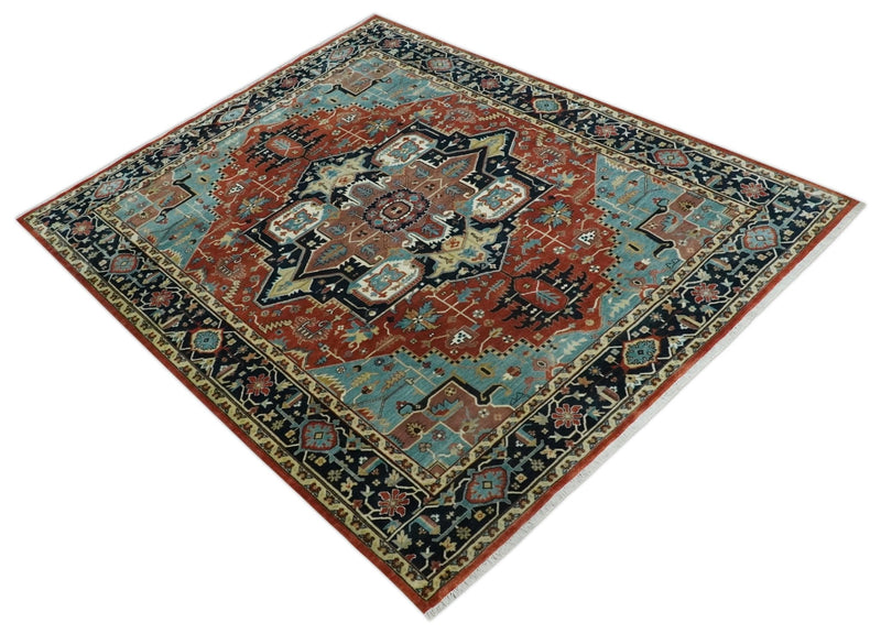 Fine Traditional Floral Hand knotted Brown, Aqua and Black 8x10 wool Area Rug