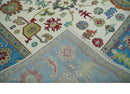 Fine Traditional Ivory and Blue Colorful Hand knotted Oushak Wool Area Rug
