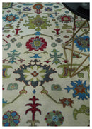 Fine Traditional Ivory and Blue Colorful Hand knotted Oushak Wool Area Rug