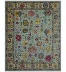 Fine Traditional Ivory and Blue Colorful Hand knotted Oushak Wool Area Rug