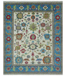 Fine Traditional Ivory and Blue Colorful Hand knotted Oushak Wool Area Rug