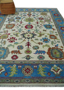 Fine Traditional Ivory and Blue Colorful Hand knotted Oushak Wool Area Rug