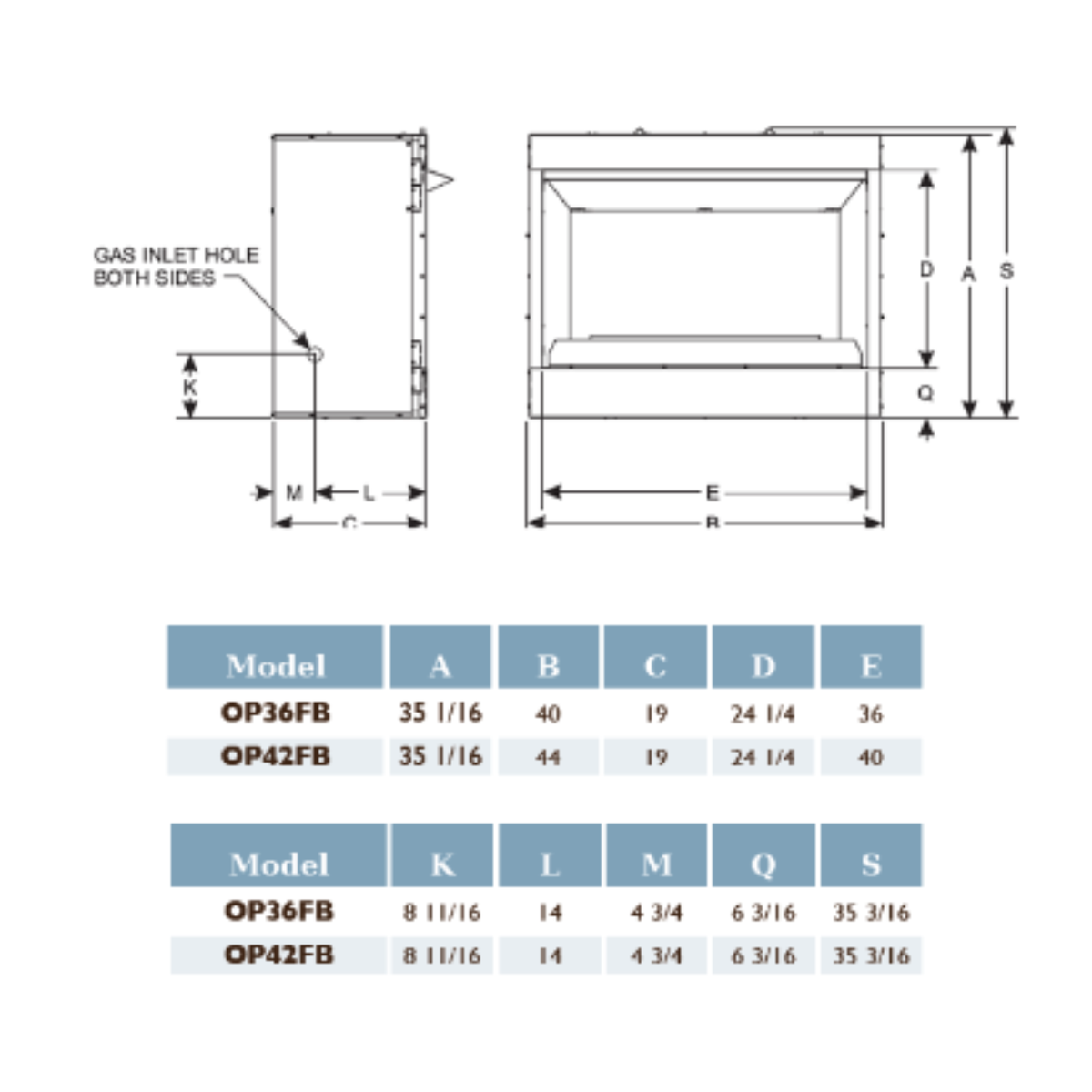 American Hearth Empire Carol Rose Outdoor 42" Vent-Free Fireplace, dimensions drawing