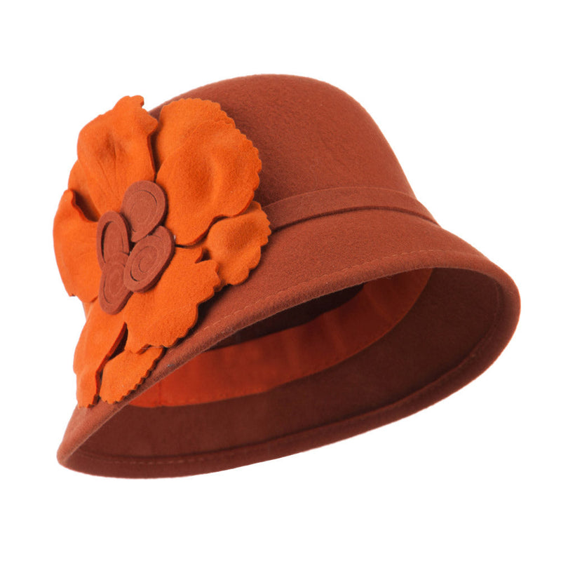 Flat Flower Wool Felt Cloche Hat