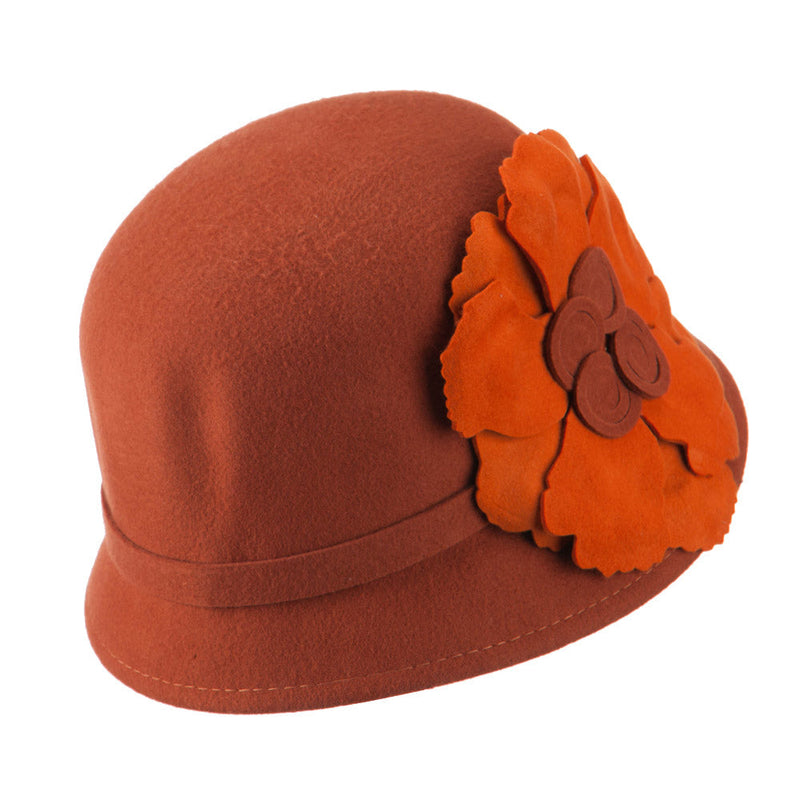 Flat Flower Wool Felt Cloche Hat