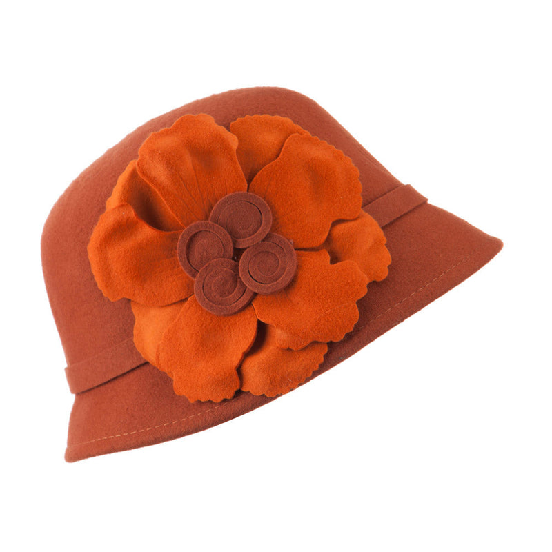 Flat Flower Wool Felt Cloche Hat