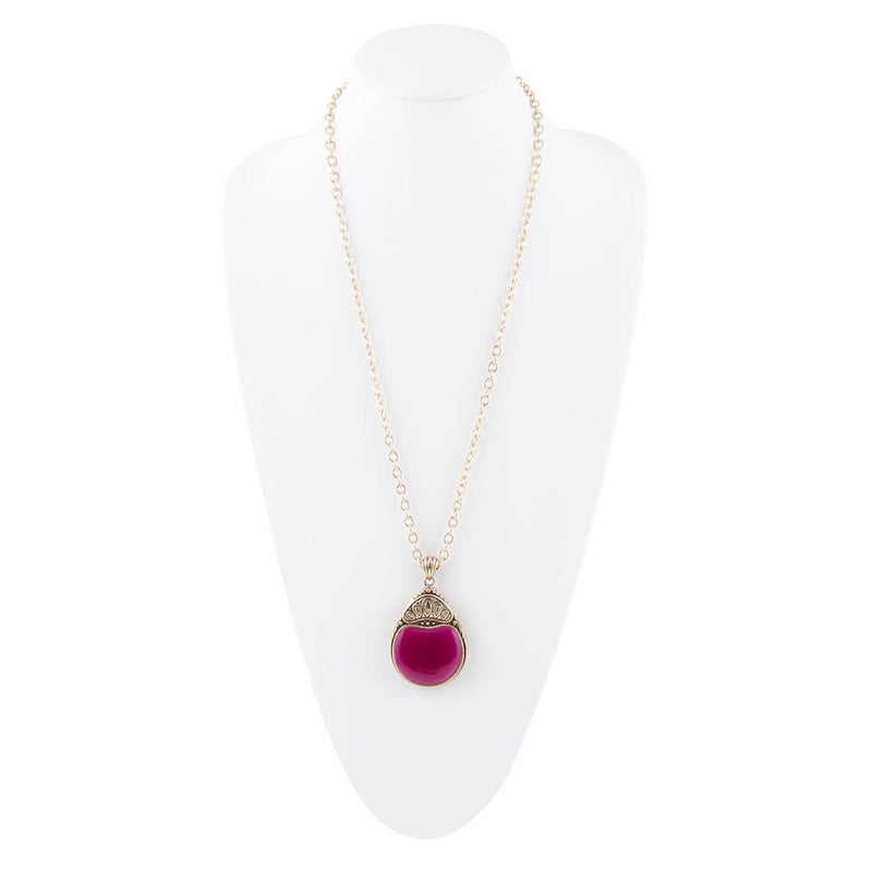 Flamenco Pink Magenta Agate Golden Pendant Necklace