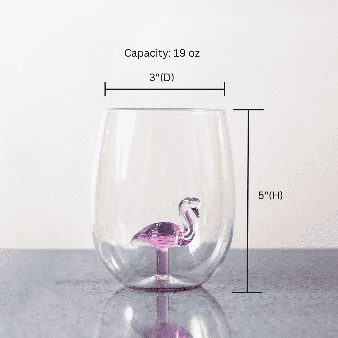 3D Flamingo Stemless Wine Glasses, dimensions drawing