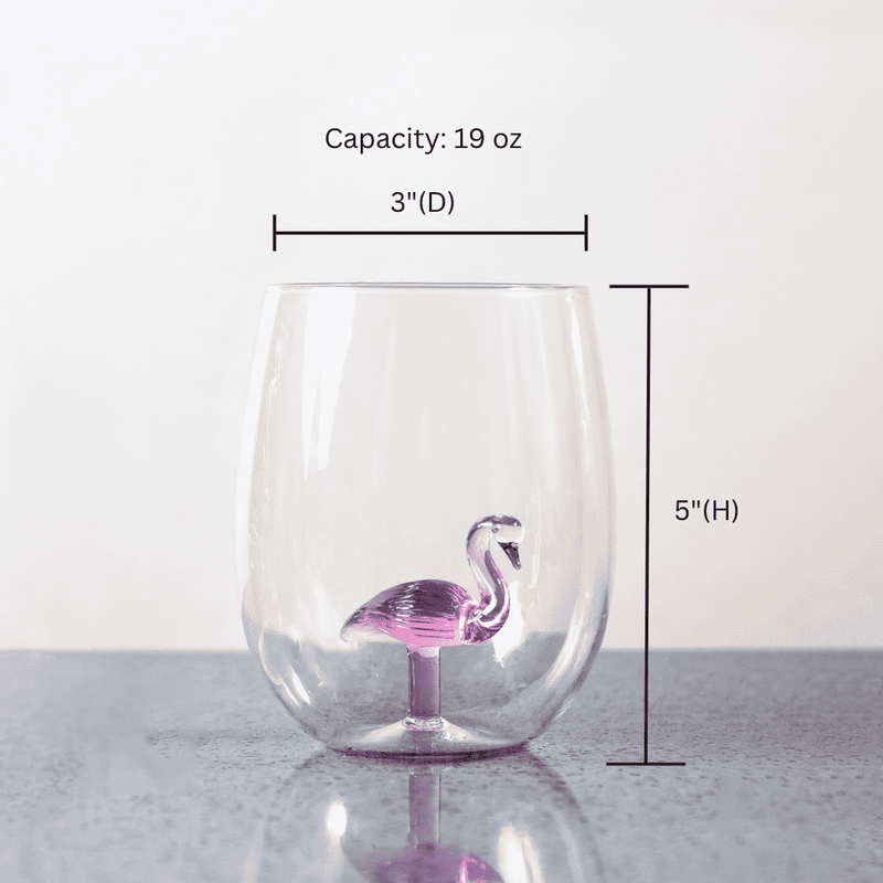 3D Flamingo Stemless Wine Glasses, dimensions drawing