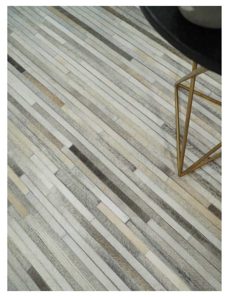 Flatweave Hairon Genuine Leather 5x8, 8x10 and 9x12 Stripe Design Beige and Ivory Area Rug | LR18