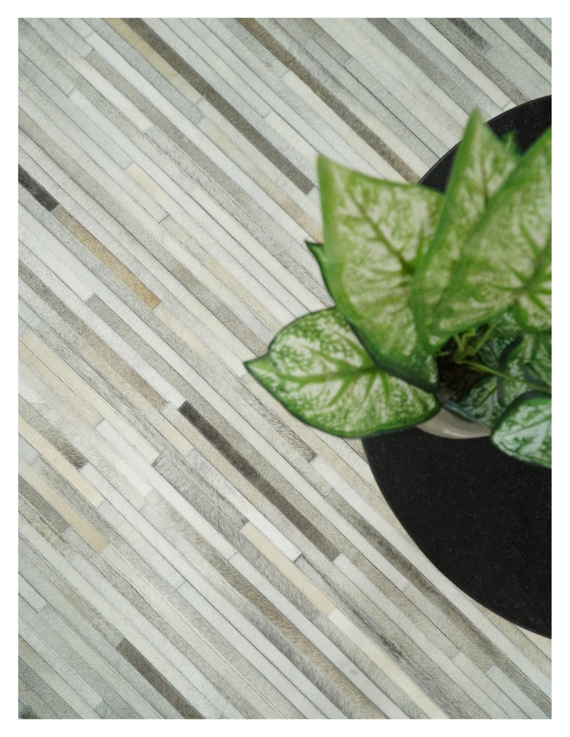 Flatweave Hairon Genuine Leather 5x8, 8x10 and 9x12 Stripe Design Beige and Ivory Area Rug | LR18