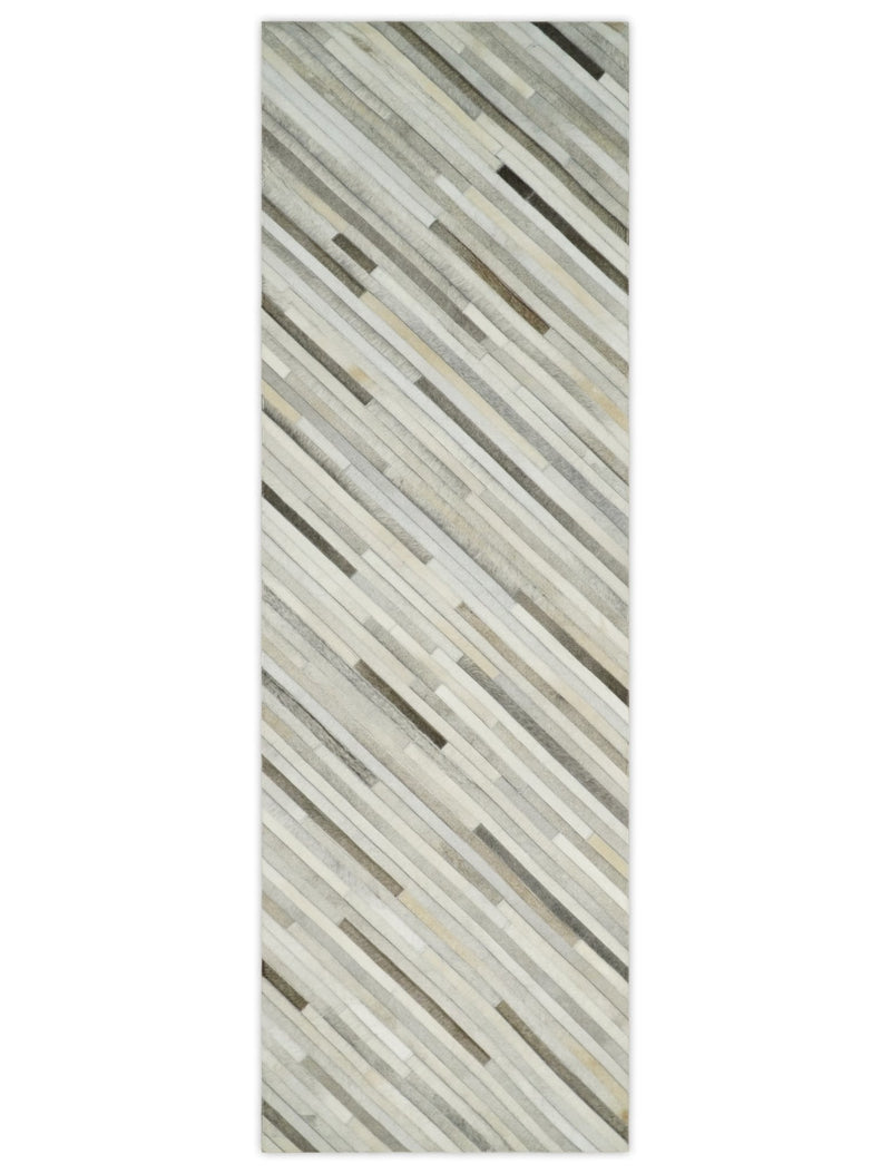 Flatweave Hairon Genuine Leather 5x8, 8x10 and 9x12 Stripe Design Beige and Ivory Area Rug | LR18