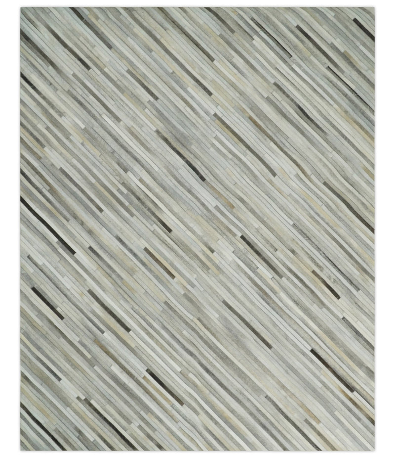 Flatweave Hairon Genuine Leather 5x8, 8x10 and 9x12 Stripe Design Beige and Ivory Area Rug | LR18