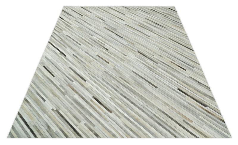 Flatweave Hairon Genuine Leather 5x8, 8x10 and 9x12 Stripe Design Beige and Ivory Area Rug | LR18