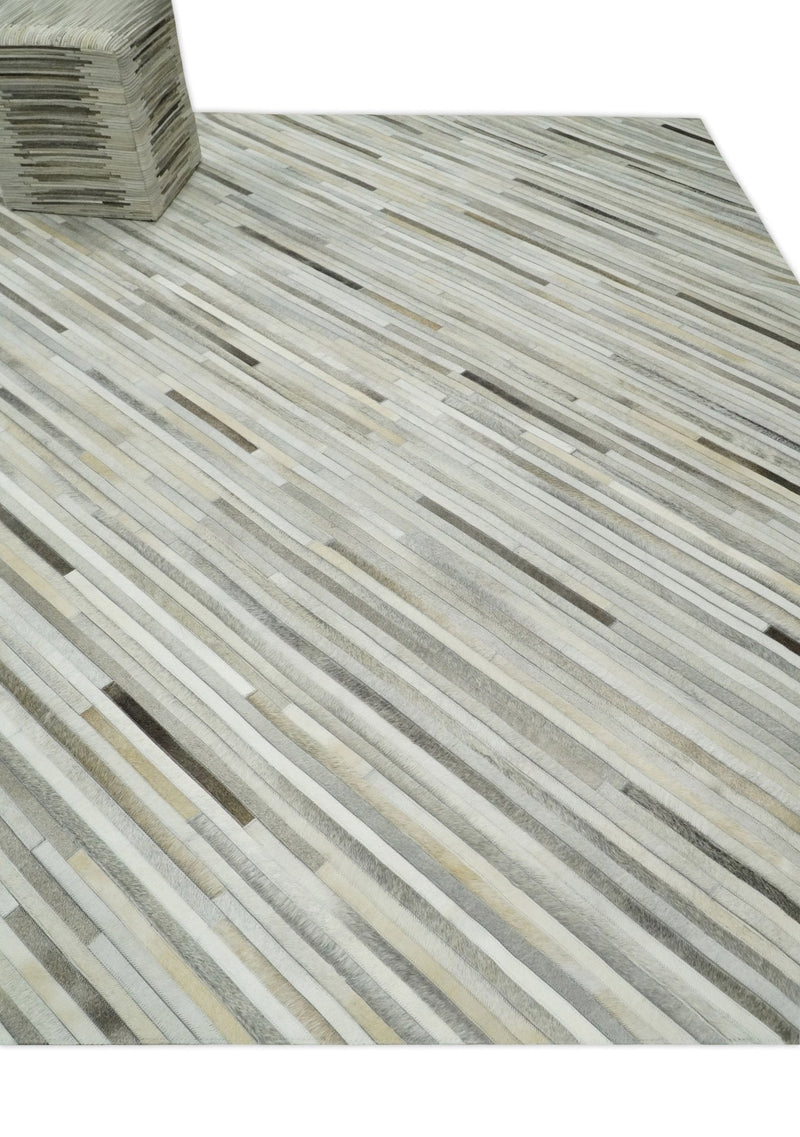 Flatweave Hairon Genuine Leather 5x8, 8x10 and 9x12 Stripe Design Beige and Ivory Area Rug | LR18