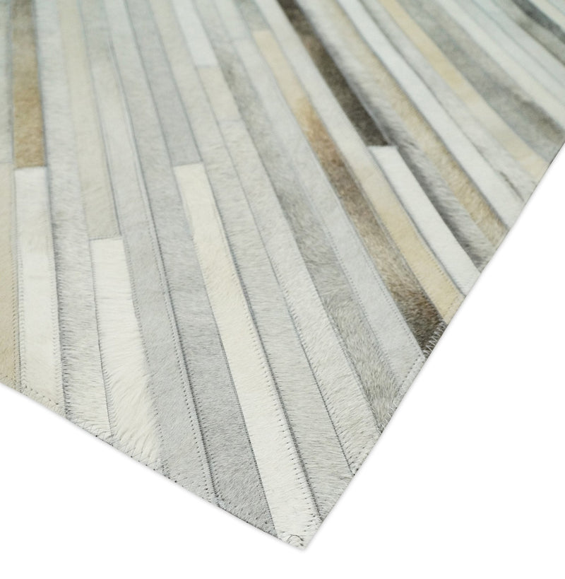 Flatweave Hairon Genuine Leather 5x8, 8x10 and 9x12 Stripe Design Beige and Ivory Area Rug | LR18