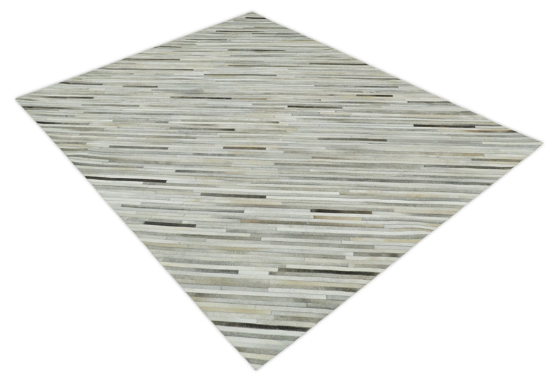 Flatweave Hairon Genuine Leather 5x8, 8x10 and 9x12 Stripe Design Beige and Ivory Area Rug | LR18